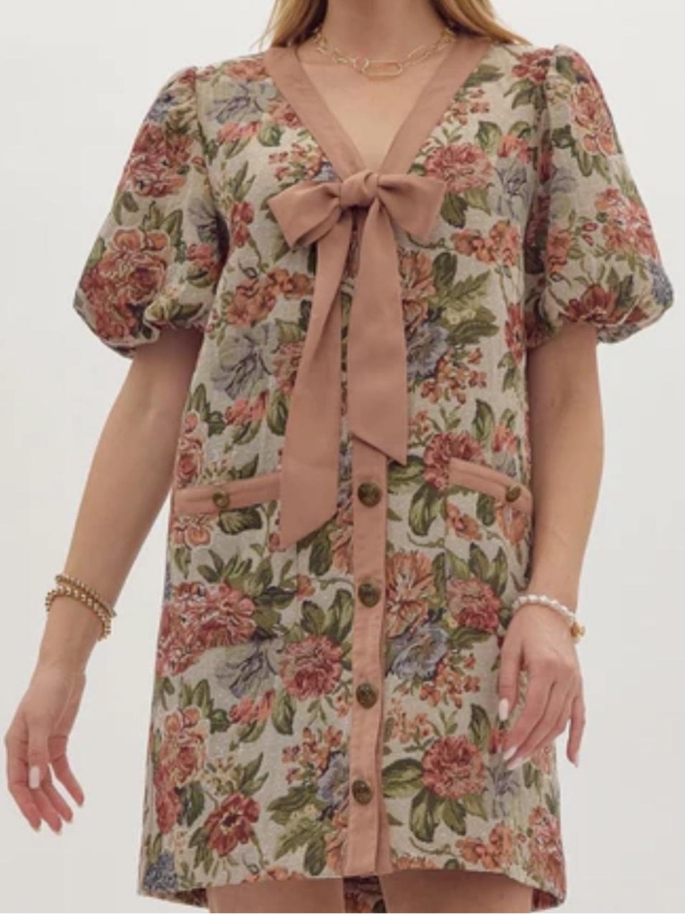 Vintage Inspired Floral Mini Dress Puff Sleeve Bow Detail